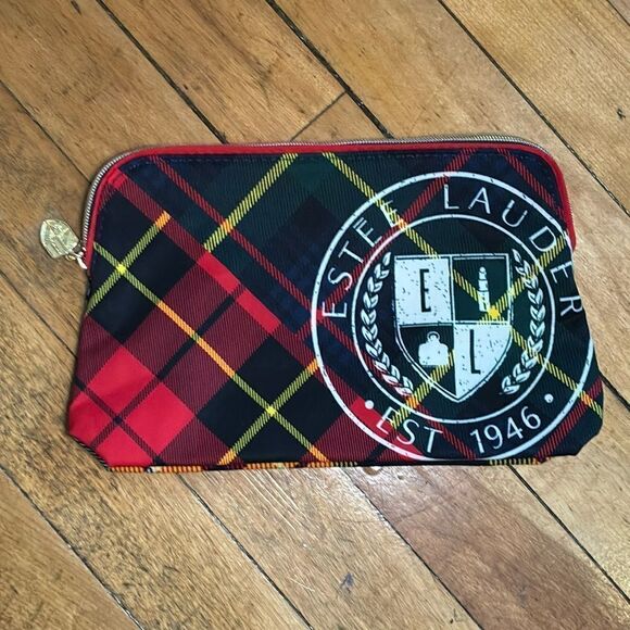 Estée Lauder Plaid Red Green and Yellow Tartan Print Cosmetic Makeup Bag - Picture 1 of 6